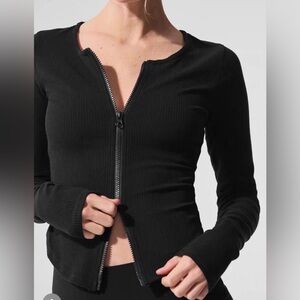 NWOT ALO Rib Crop Double Zipper Top Small Black